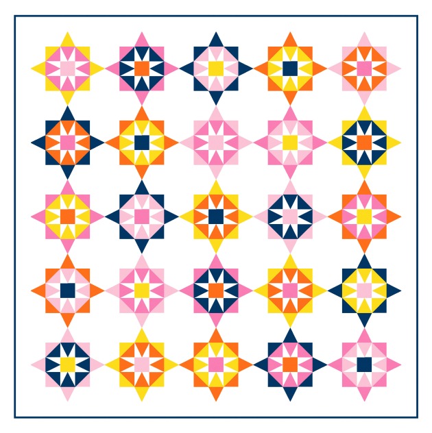 A quilt design with a 5 by 5 layout of the same block coloured differently. The colour palette is yellow, orange, light pink, dark pink and dark blue, all against a white background. The block features a star within a star, both of which are made using basic geometric shapes.